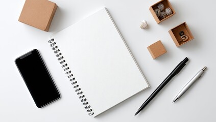 Minimalist workspace with notebook, phone, and small boxes