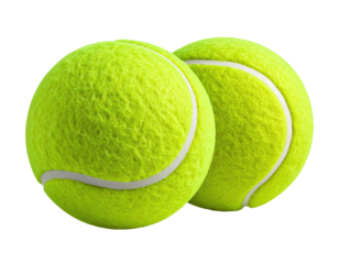 Two bright yellow tennis balls, close-up, against black background
