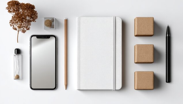 Flat lay of minimalist stationery and small objects.  White background.  Smartphone, notebook, pencil, small boxes, small tree, and small bottle