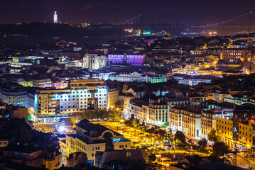 Fototapeta premium Evening view from Nossa Senhora do Monte viewing point on Martim Moniz square in Lisbon city, Portugal