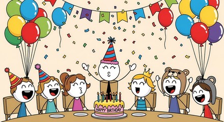 Joyful cartoon characters at a festive birthday party, celebrating together with a lit cake, colorful balloons, and confetti