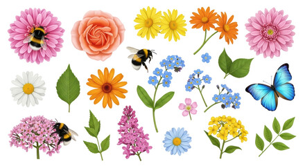 Isolated Flowers and Insects Collection Illustration with Colorful Floral Elements