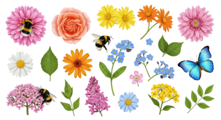 Isolated Flowers and Insects Collection Illustration with Colorful Floral Elements