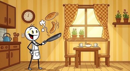 A cheerful cartoon character is enthusiastically flipping pancakes in a kitchen, showcasing the joy and energy of homemade breakfast preparation in a bright, inviting home