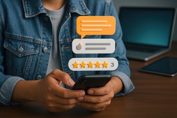 User typing on smartphone with 3D review, star rating, and comment interface in office setting
