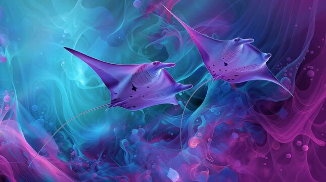 Vid&eacute;o artistique de raies manta majestueuses bioluminescentes nageant dans un oc&eacute;an surr&eacute;aliste