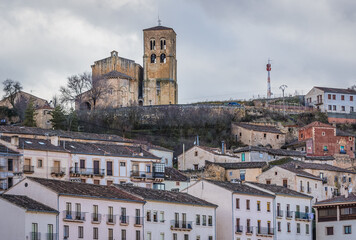 Fototapeta premium Aerial view in Sepulveda town with tower of Nuestra Senora de la Pena Church, Spain