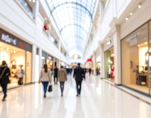 Blurred indoor shopping mall scene. People walking through spacious corridor with multiple shops