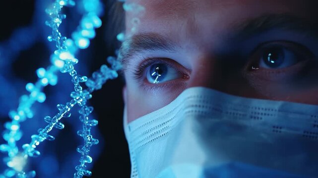 Exploring data processing through DNA analysis with a Caucasian male in a laboratory setting, data processing and dna strands over caucasian male surgeon with face mask - Powered by Adobe