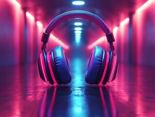 Immersive Sound Experience Futuristic Headphones with Neon Glow on Reflective Surface