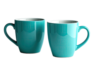 Two teal-colored mugs facing each other, glossy finish