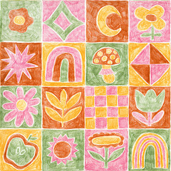 Hand-drawn seamless pattern. Rustic tiles with mushrooms, flowers, rainbows, and playful shapes. Warm pencil texture with cozy charm.