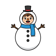 Adorable child character wearing a festive snowman outfit with a top hat and blue scarf