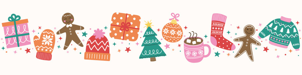 Christmas banner with doodle elements. Christmas tree, ball, present, sock, cookie, cup, hat, gloves. Vector illustration
