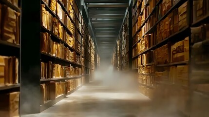 Obraz premium A long aisle of ancient books in a dusty, dimly lit library with shafts of light illuminating the haze