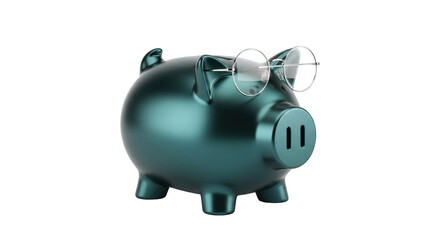 Isolated piggy bank with glasses sits and stares forward in a financial metaphor symbol
