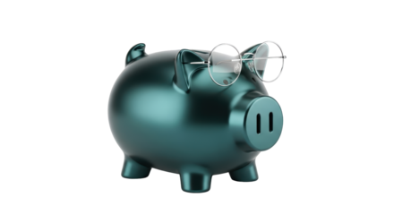 Isolated piggy bank with glasses sits and stares forward in a financial metaphor symbol