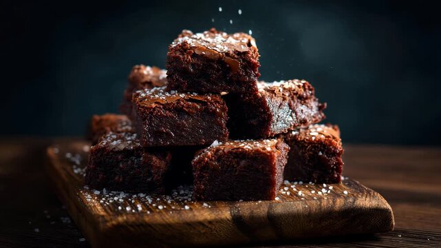 Delicious chocolate brownies are stacked high on a rustic wooden board. Each brownie is moist and rich, topped with a light dusting of powdered sugar for added sweetness