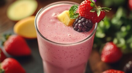 Refreshing fruit smoothie beverage adorned with fresh berries and pineapple chunk
