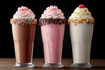 Indulgent Milkshakes: A trio of decadent milkshakes with flavored rims and whipped cream. Sweet treats on display, ready to enjoy!