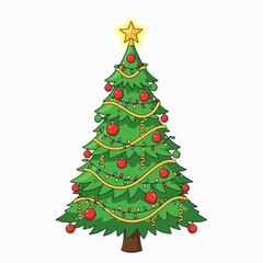 Festive Christmas Tree Illustration Decorated with Ornaments and Lights