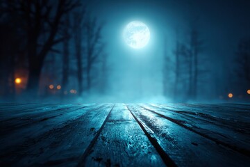 Moonlit scene with a misty backdrop  a wooden surface taking up the foreground
