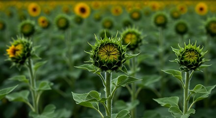 Immature sunflowers field