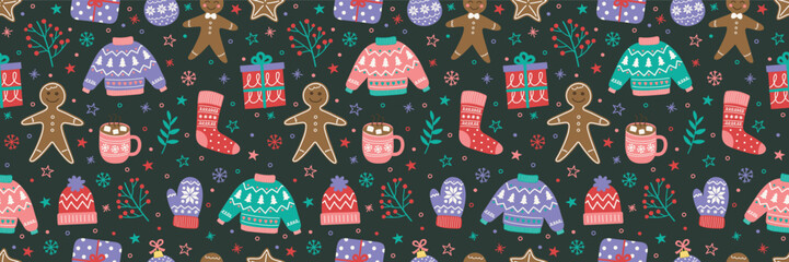 Colourful Christmas background with cartoon ornaments. Seamless texture design. Banner. Vector illustration
