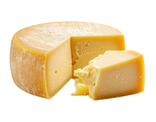 Round wheel of pale yellow cheese, sliced