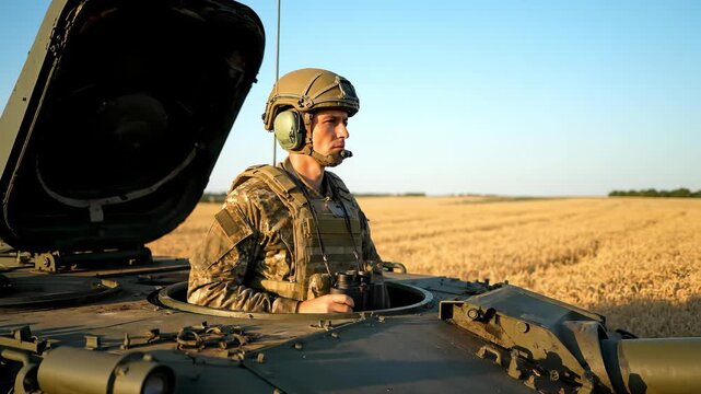 A soldier in a military tank uses binoculars to scan the horizon. The golden fields stretch far beyond, bathed in warm sunset light, creating a striking contrast with the armored vehicle.