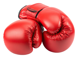 Pair of red boxing gloves, leather-like material, slightly overlapping, isolated on black background