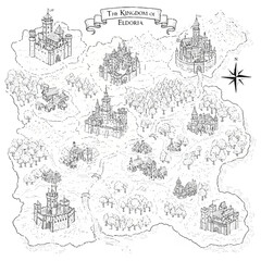 Illustration of a fantasy map featuring various castles, forests, and a compass on a white background with intricate line drawings.