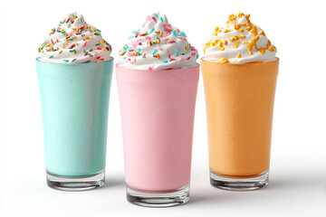 Colorful frozen treats on a white background. Tasty turquoise, pink, and orange milkshakes topped with whipped cream and sprinkles.