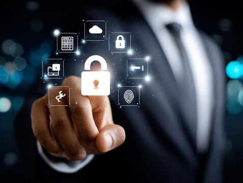 Businessman activating digital lock, ensuring cybersecurity and data protection with futuristic interface and various security icons