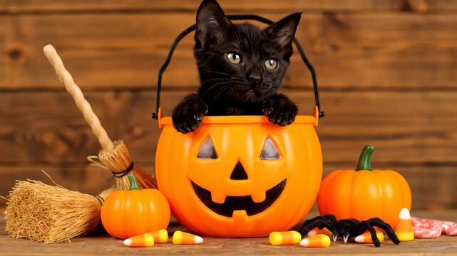An adorable black kitten with big green eyes sits inside a jack-o'-lantern candy bucket surrounded by spooky Halloween decorations like pumpkins a spider and candy corn