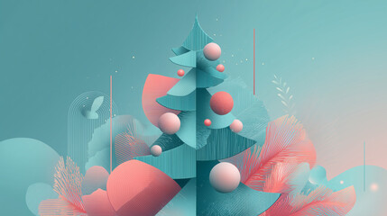 Illustration de No&euml;l minimaliste moderne avec sapin stylis&eacute; et design g&eacute;om&eacute;trique color&eacute;