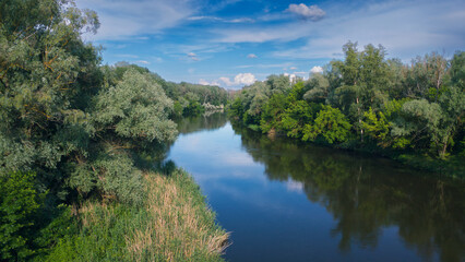 Summer river landscape with green bushes on the riversides.