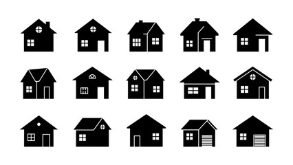 Collection Of Simple Black House Icons In Grid For Real Estate And Family Use