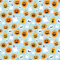 Halloween background with funny pumpkins, ghosts and skulls. Seamless pattern. Vector illustration