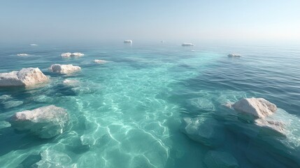 Fototapeta premium Icy Turquoise Ocean Surface with White Rocks in Cinematic Wide Shot Under Blue Sky on Sunny Day with Reflections and Shimmering Water