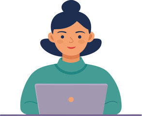 Woman Working on Laptop Illustration on Transparent Background woman working