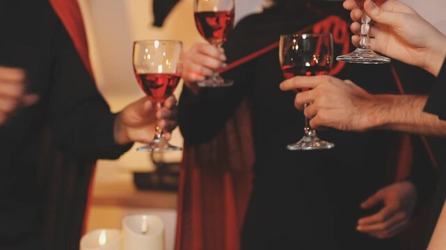 friendship, holiday and people concept - group of happy smiling friends in halloween costumes of vampire, devil, witch and cheetah with non-alcoholic drinks at home party at night