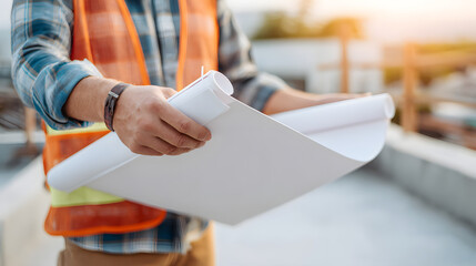 an architect at the construction site, examining architectural plans in detail. The sun casts a warm glow on the scene