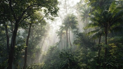 Sunlight streams through a misty tropical rainforest. Lush greenery, dense trees, and palm trees fill the scene