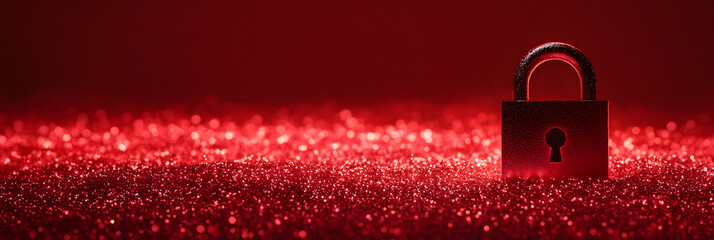 vast sea of shimmering digital data points - a radiant padlock stands as a beacon of cybersecurity and protection wide banner - red background