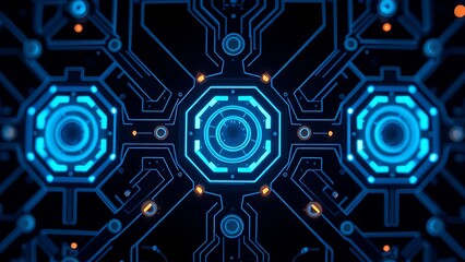 Abstract technological pattern with glowing elements in cool blue tones on a minimalist background.