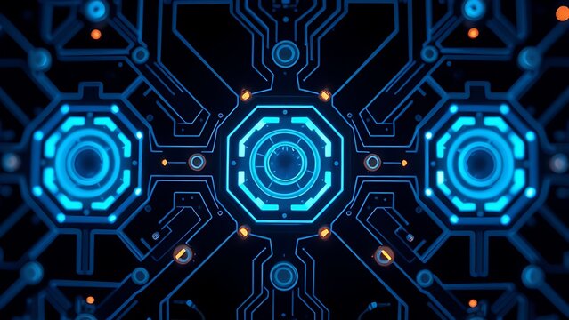 Abstract technological pattern with glowing elements in cool blue tones on a minimalist background.