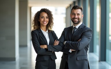 Portrait of two business people standing in office lobby. High quality