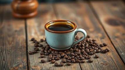 Rustic coffee still life with ceramic cup and scattered beans on weathered wood, evoking cozy mornings.