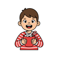Cute Boy Enjoying Christmas Hot Chocolate with Marshmallows and Candy Cane
